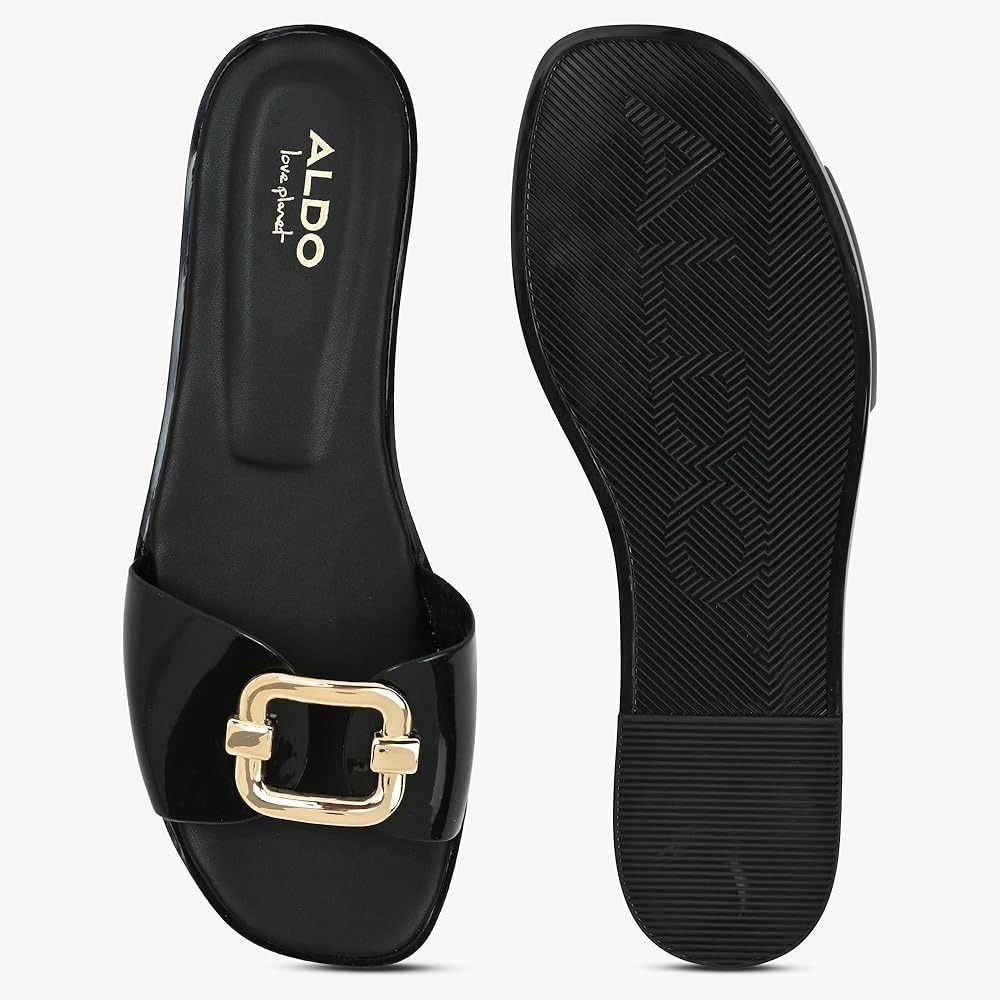 Aldo Glossy Black Sandals with Gold Accent Jelly Flat Sandals